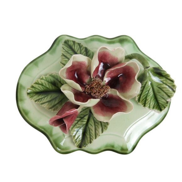 VINTAGE 40s 50s Burgundy Red Rose and Green Porcelain Trinket Box - Picture 4 of 9